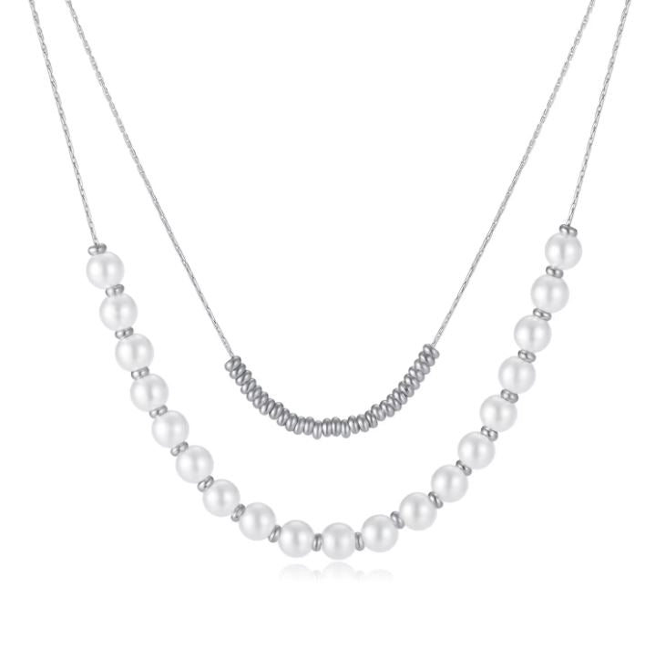 18K Gold Plated  Double Layers Stacked Pearls Collarbone Chain Drop Necklace
