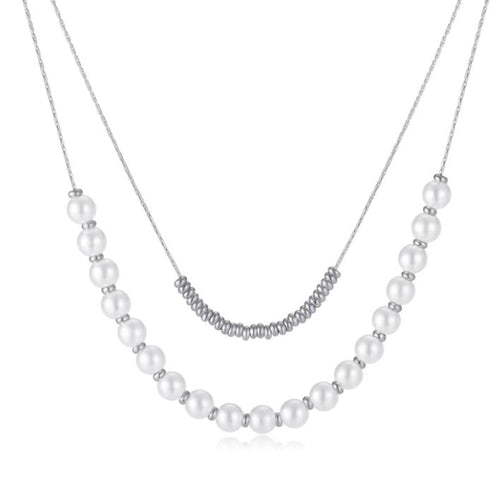 Load image 1 in gallery view. 18K Gold Plated  Double Layers Stacked Pearls Collarbone Chain Drop Necklace