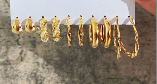 Load image 1 in gallery view. Vintage Gold Hoop Earrings Set Circle Geometric Twist Pearl Dangle Earrings