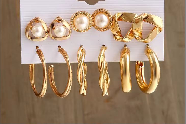 Vintage Gold Hoop Earrings Set Circle Geometric Twist Pearl Dangle Earrings