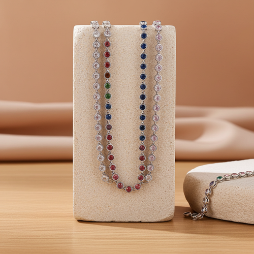 Load image 1 in gallery view. 18K Gold Bead Zircon Tennis Chain Necklace in Pink, Red, Multi, Green, Blue, Golden