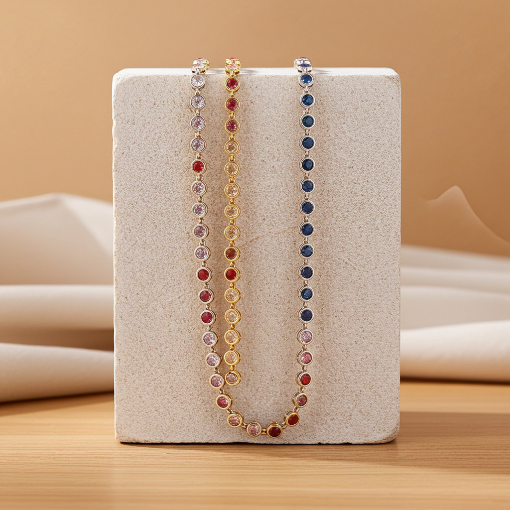 18K Gold Bead Zircon Tennis Chain Necklace in Pink, Red, Multi, Green, Blue, Golden