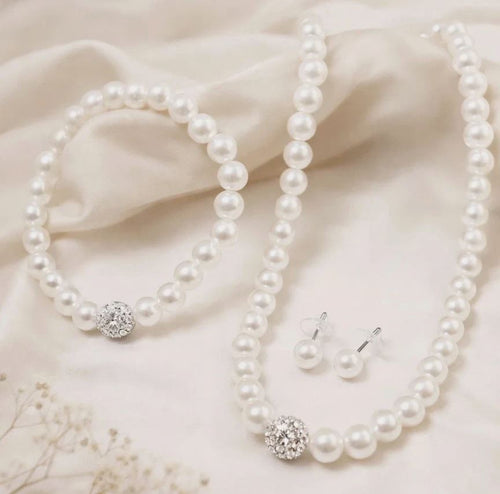 Load image 1 in gallery view. White Pearl Jewelry Set for Women's Three-Piece Set with Necklace Earrings and Bracelet