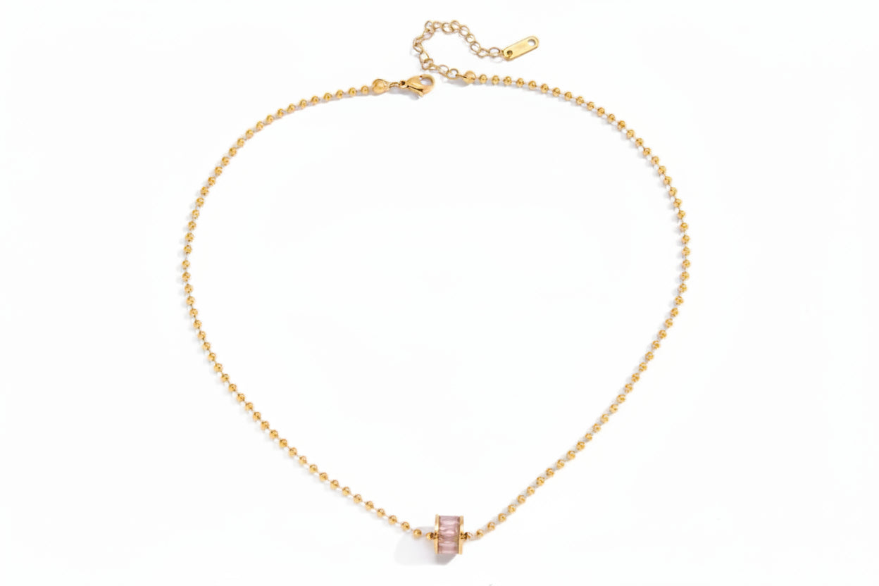 18K Gold Stainless Steel Square Pink Rhinestone Circle Pendant