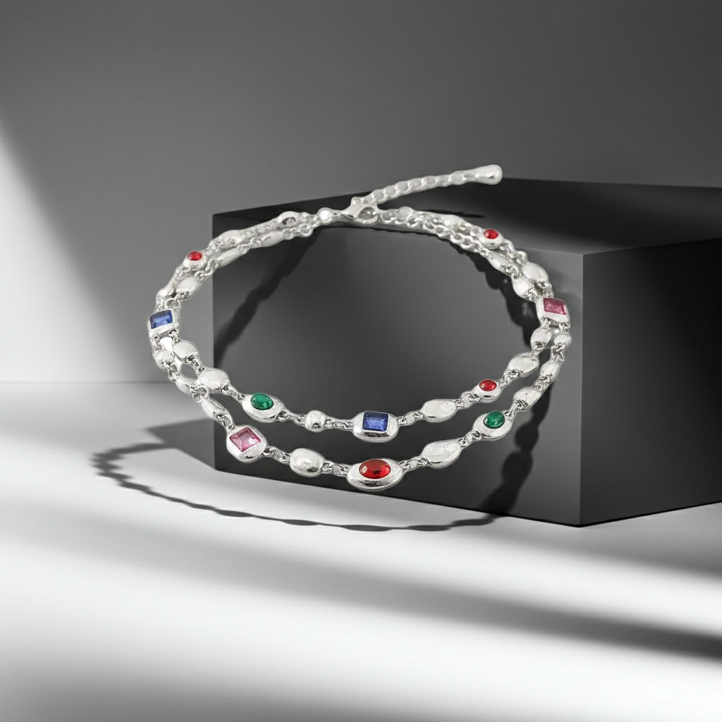 Red Light Blue Double-Layer Diamond-Encrusted Necklace Aged Neckband with Exquisite Beads Chain for Girlish Look