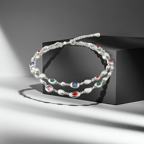 Load image 1 in gallery view. Red Light Blue Double-Layer Diamond-Encrusted Necklace Aged Neckband with Exquisite Beads Chain for Girlish Look