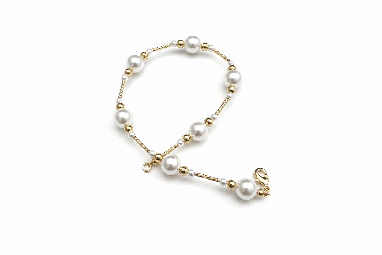 18K Gold Plated White Pearl Handmade Bracelet Baroque Vintage Ball Shape