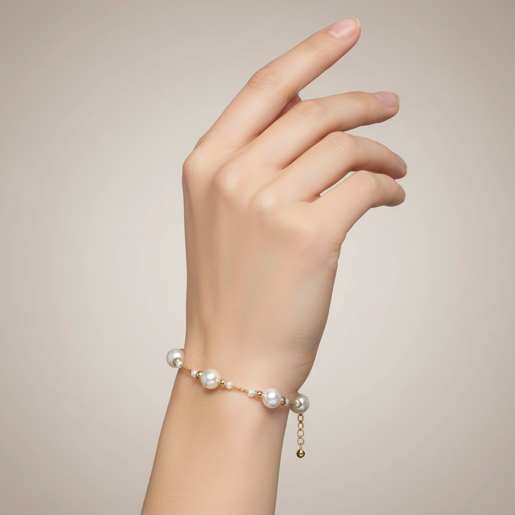 18K Gold Plated White Pearl Handmade Bracelet Baroque Vintage Ball Shape