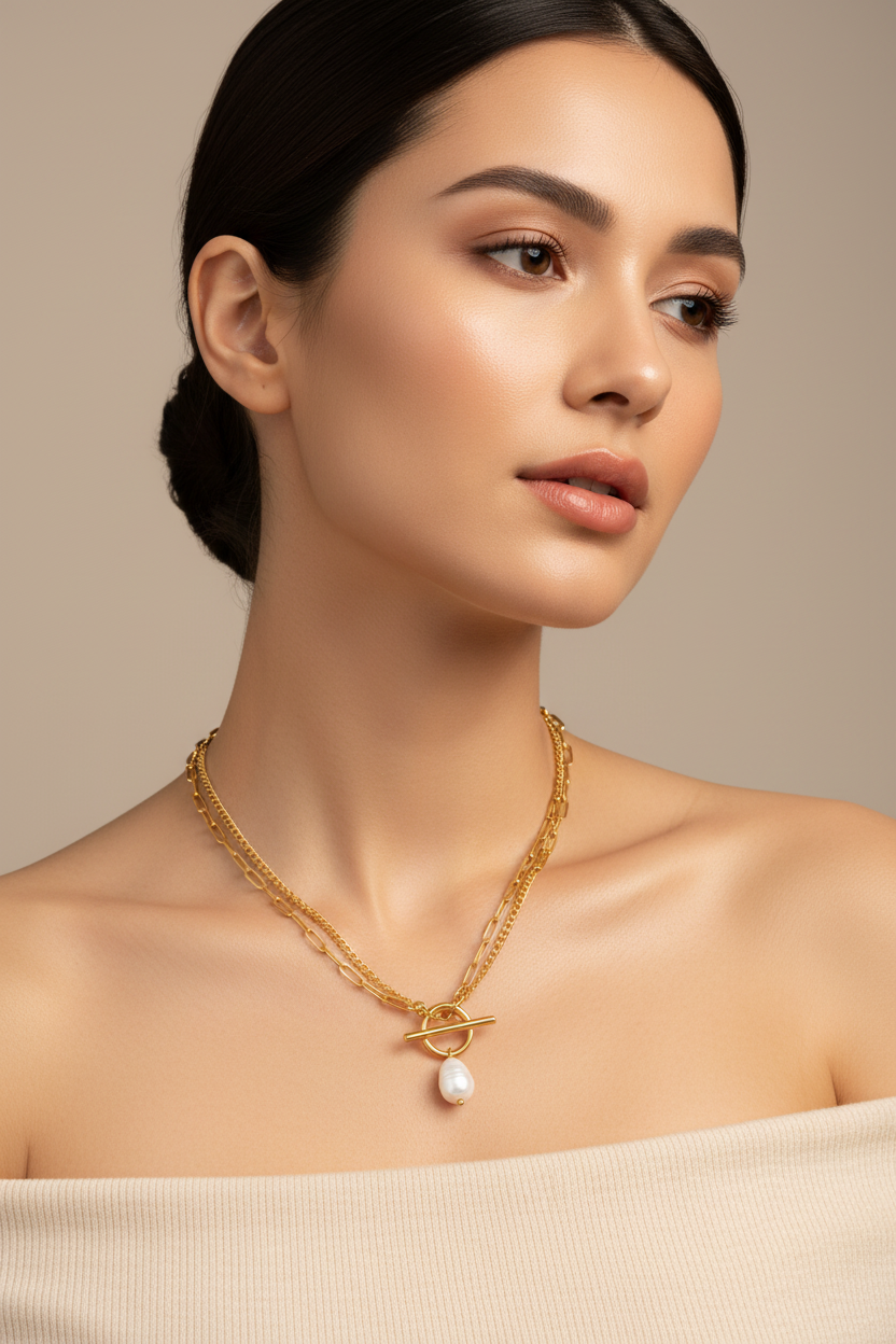18k Gold Plated Charm Fashion Jewelry Chain Link Pearl with round Pendant Necklace