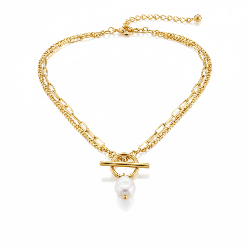 18k Gold Plated Charm Fashion Jewelry Chain Link Pearl with round Pendant Necklace