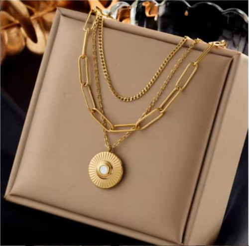 Load image 1 in gallery view. 18k Gold Plated Charm Fashion Jewelry Chain Link round V shape Pendant Necklace