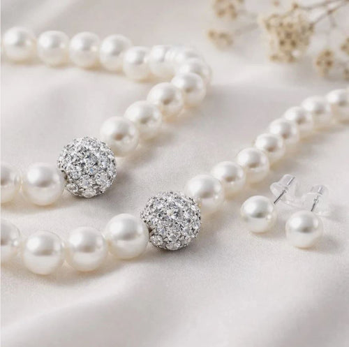 Load image 1 in gallery view. White Pearl Jewelry Set for Women's Three-Piece Set with Necklace Earrings and Bracelet
