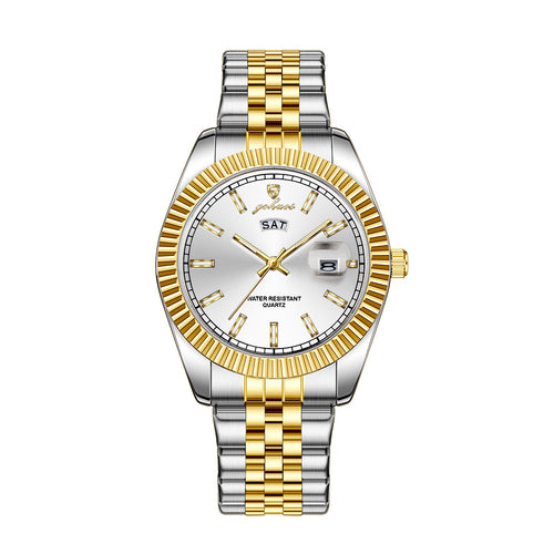 Load image 1 in gallery view. Quartz Men Watch 30M Waterproof Stainless Steel White Dial Silver Gold Strap