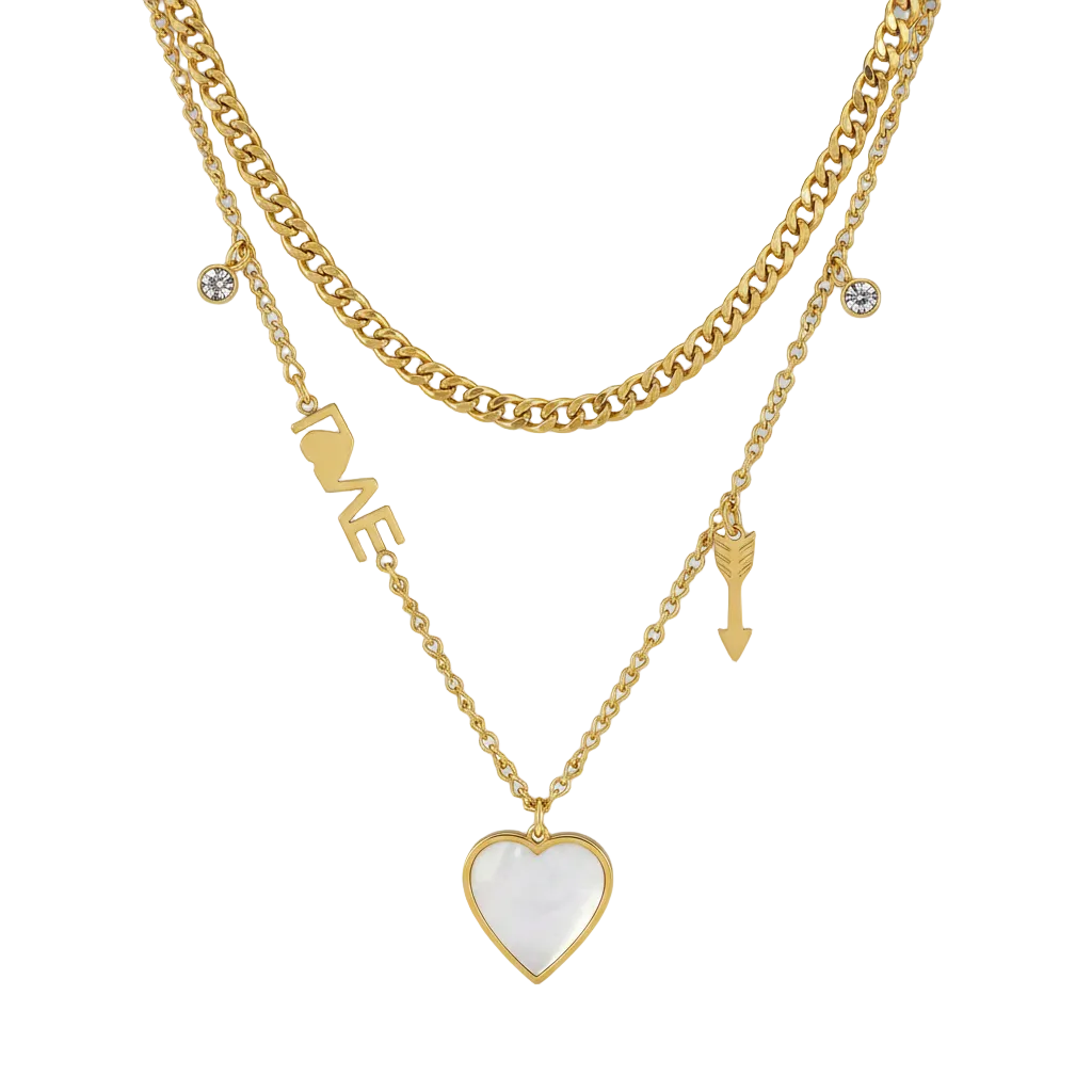 Gold necklace with heart pendant and 'LOVE' charm on a gray background