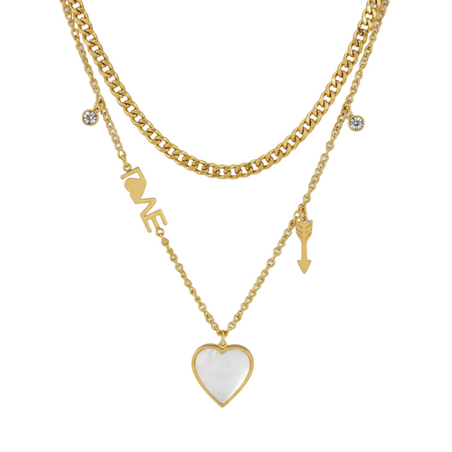 Load image 1 in gallery view. Gold necklace with heart pendant and 'LOVE' charm on a gray background