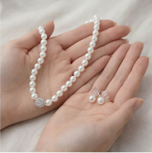 Load image 1 in gallery view. White Pearl Jewelry Set for Women's Three-Piece Set with Necklace Earrings and Bracelet