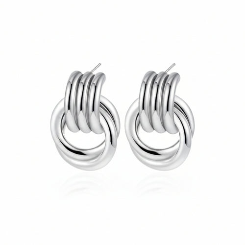 Load image 1 in gallery view. Pair of silver knot earrings with measurements on a white background