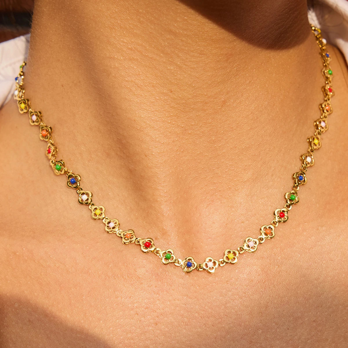Agate Stone 18K Gold Plating Multi Colored Flower Chain Necklace