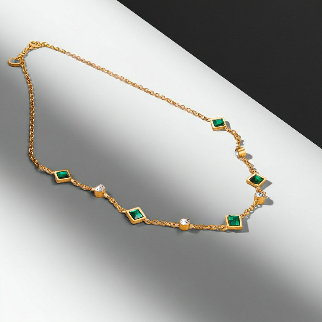 18K Gold Plated  Emerald Zircon Snake Chain Necklace for Women