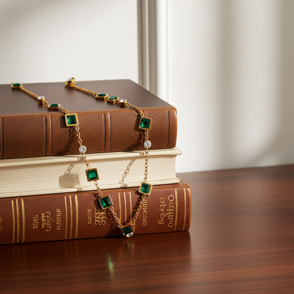 18K Gold Plated  Emerald Zircon Snake Chain Necklace for Women