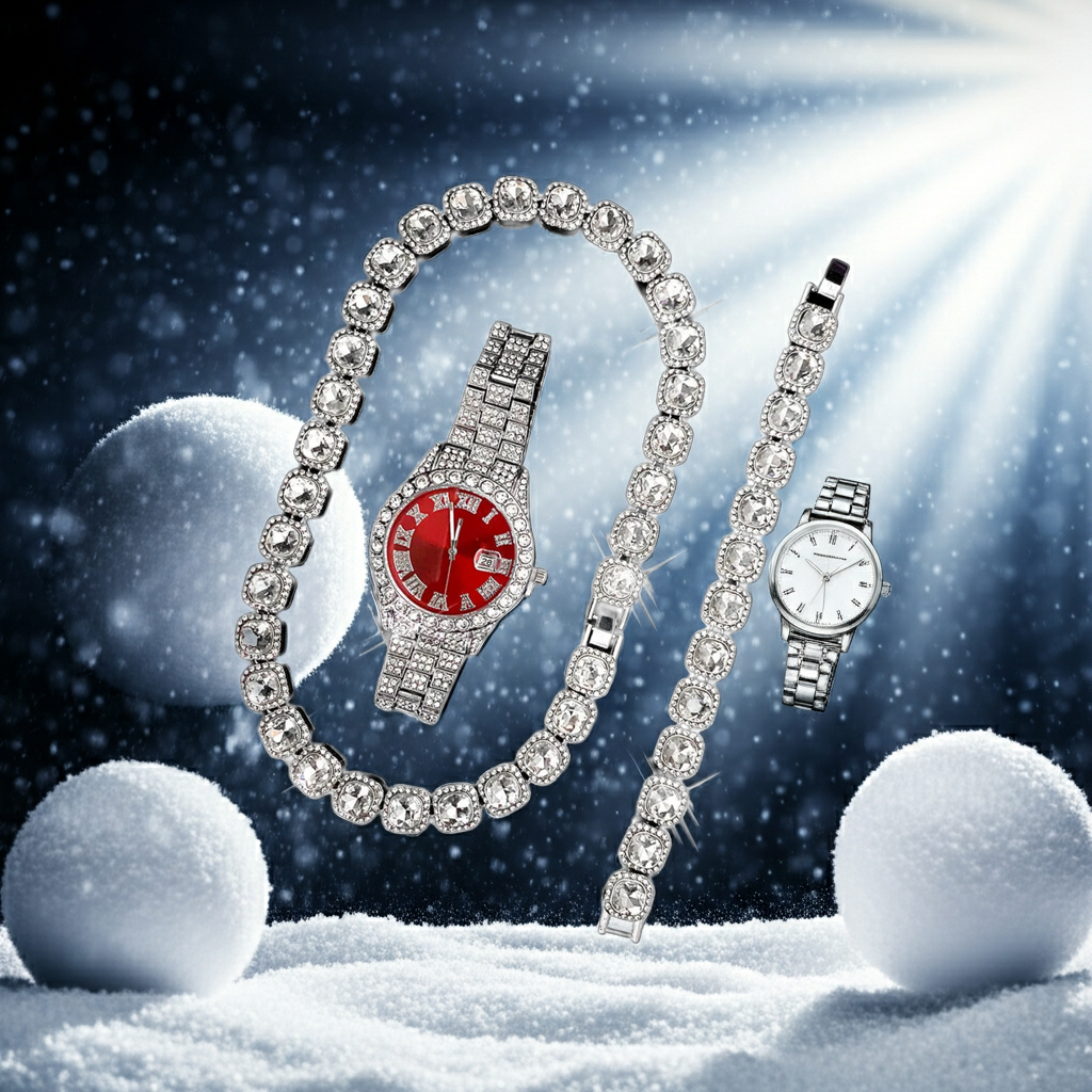 Quartz Movement Red Diamond Watch Sugar Bracelet Necklace Three-piece Set