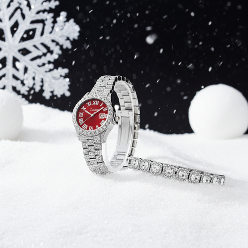 Load image 1 in gallery view. Quartz Movement Red Diamond Watch Sugar Bracelet Necklace Three-piece Set