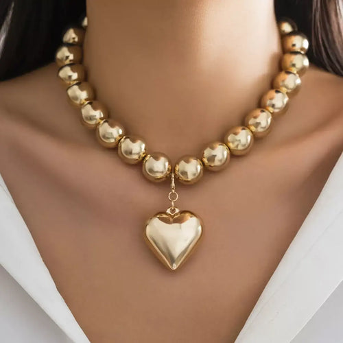 Load image 1 in gallery view. Big Beaded Punk Collar Geometric Type Clavicle Chain Gold Heart Necklace
