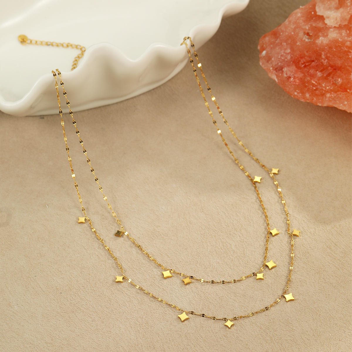 14K Gold Plated Double Layer Stainless Steel Layered Choker Chain Necklace for Women