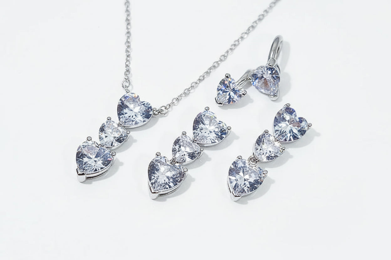 Heart Shape 3A Zircon Platinum Plated set Necklace, Earrings and Ring