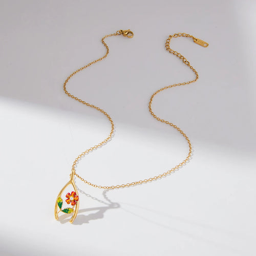 Load image 1 in gallery view. Flower Lucky Bone Wishbone Pendant Necklace
