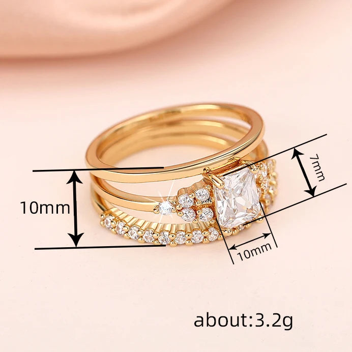 3Pcs Sets Couple Rings Luxury Gold Plated Square Design Shiny Cubic Zirconia