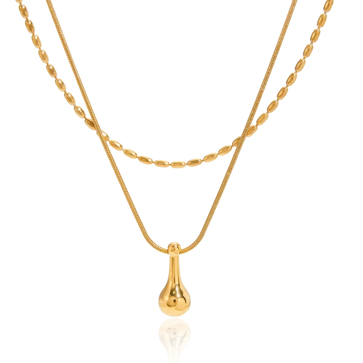 Waterproof Stainless Steel 18K PVD Gold Plating Double Layers Oval Bead String Chain Teardrop Pendant Necklace