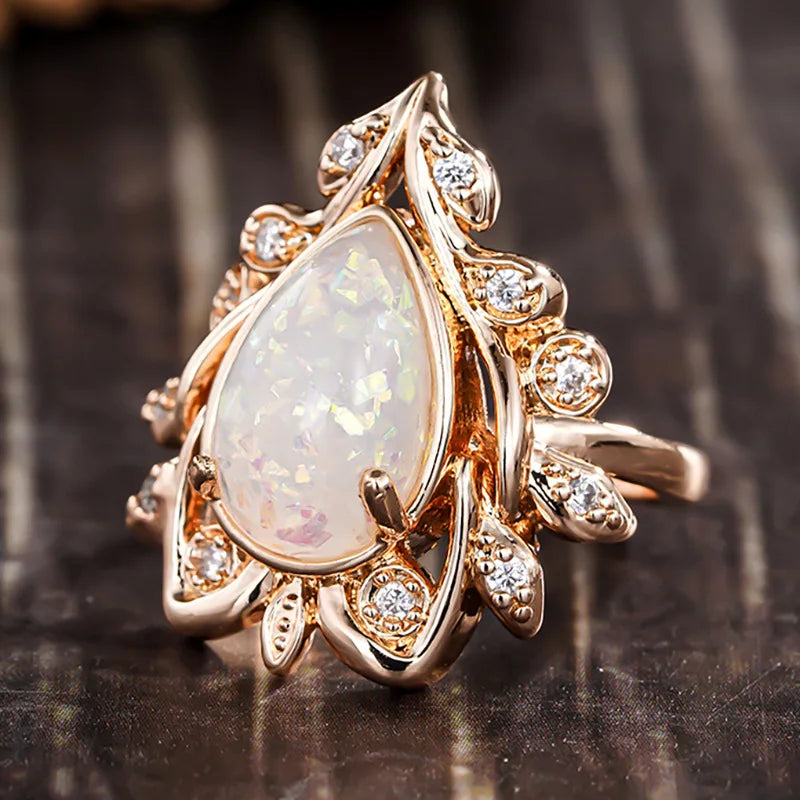 Champagne Gold Plated Zircon Rings Marquise Cut Pear Shaped Opal Rings for Women Wedding