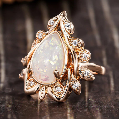 Load image 1 in gallery view. Champagne Gold Plated Zircon Rings Marquise Cut Pear Shaped Opal Rings for Women Wedding