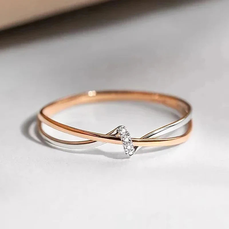 Two Tone Rose Gold Plated Twist Sparkling Round Zircon Rings for Bridal Engagement for Women