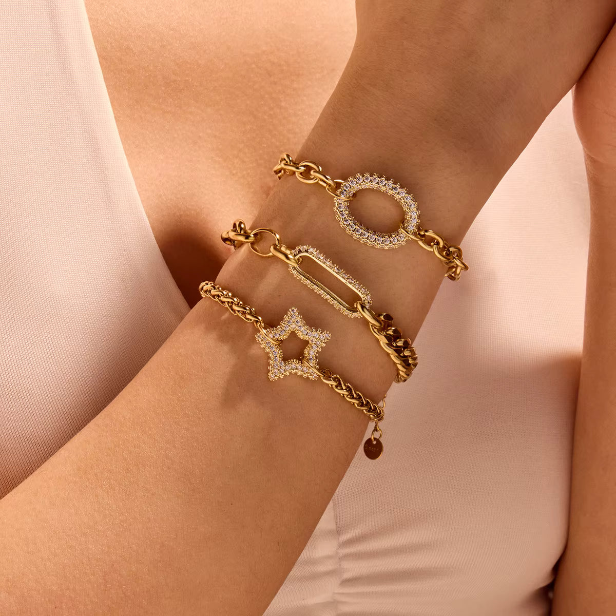 Fashion Charm Chain Bracelet Geometric Zircon Stainless Steel Waterproof Gold Plated
