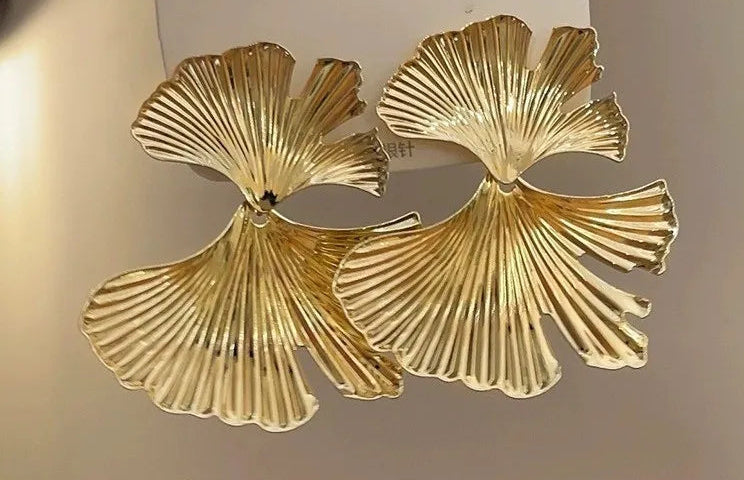 Gold Plated Ginkgo Leaf Stud Earrings | Trendy Floral Jewelry