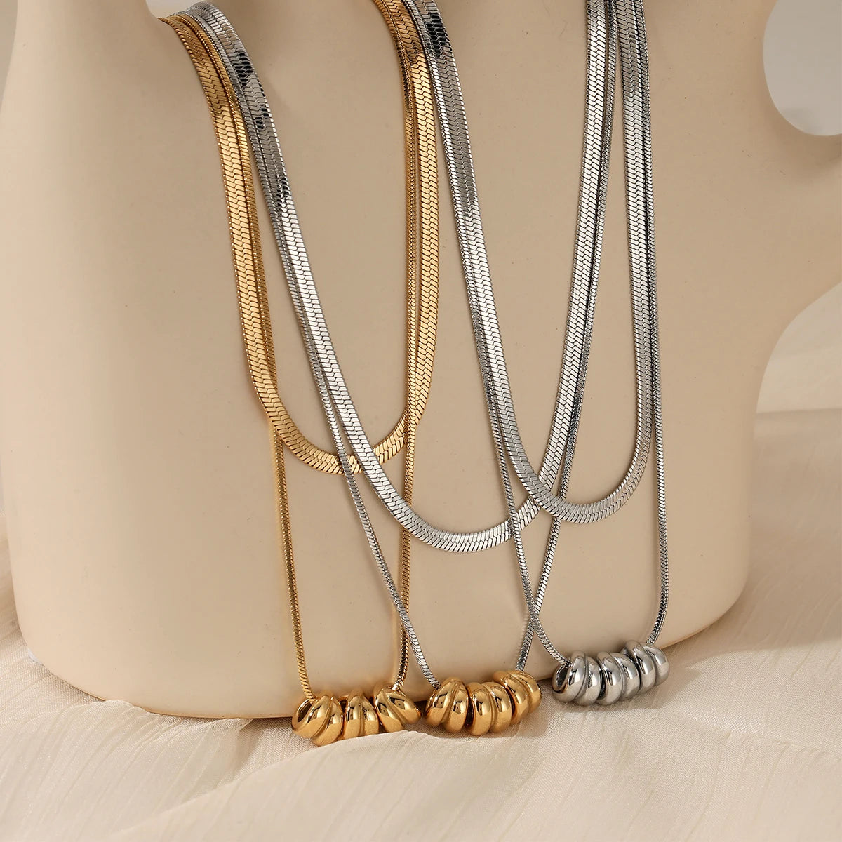 Gold Plated Double Layer Two Tone Herringbone Chain Pendant Necklaces for Women Teen