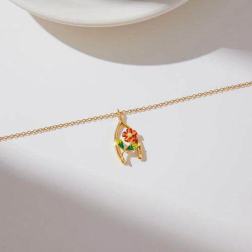 Load image 1 in gallery view. Flower Lucky Bone Wishbone Pendant Necklace