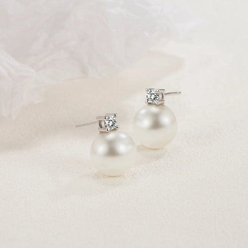 Load image 1 in gallery view. Freshwater Shell Pearl Stud Earrings, Cubic Zircon, 925 Sterling Silver Post Earrings