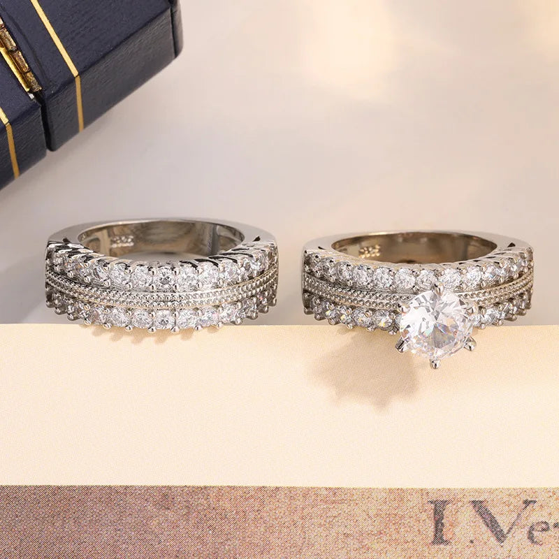Platinum Plated Two-piece Ring with CZ for Wedding Gift