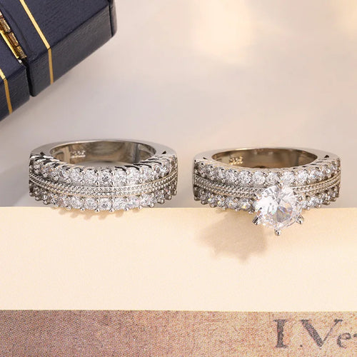 Load image 1 in gallery view. Platinum Plated Two-piece Ring with CZ for Wedding Gift