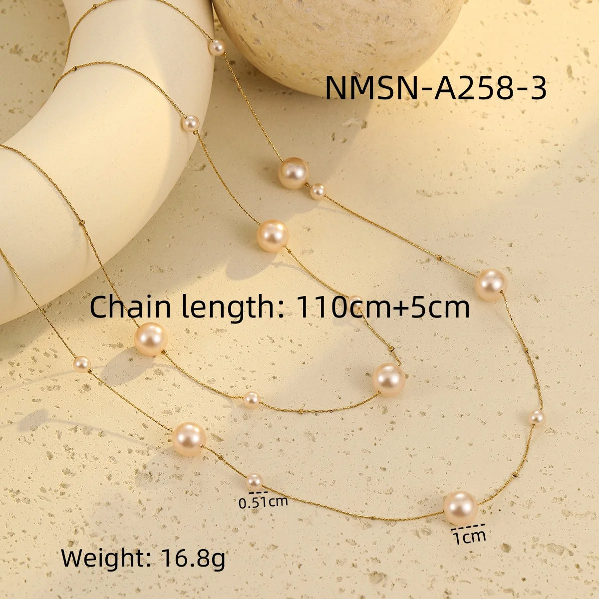 Gold Stainless Steel Pearl Beaded Necklace, Double Layer Chains
