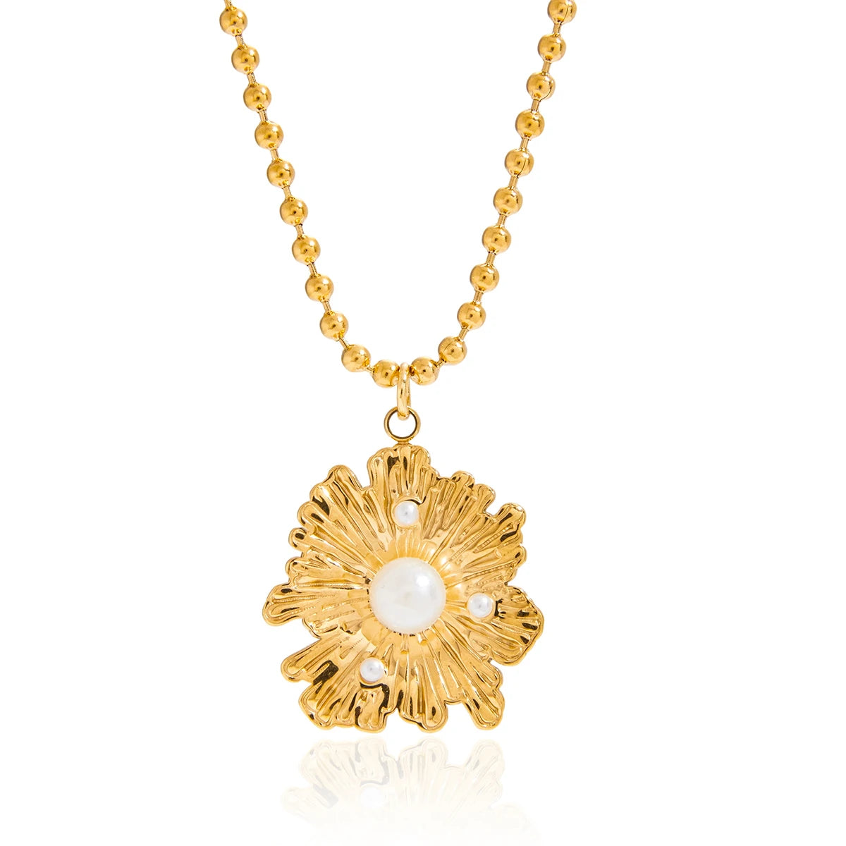 Gold Rope Chain Glass Pearl Flower Bead Pendant Necklace Girls and Women