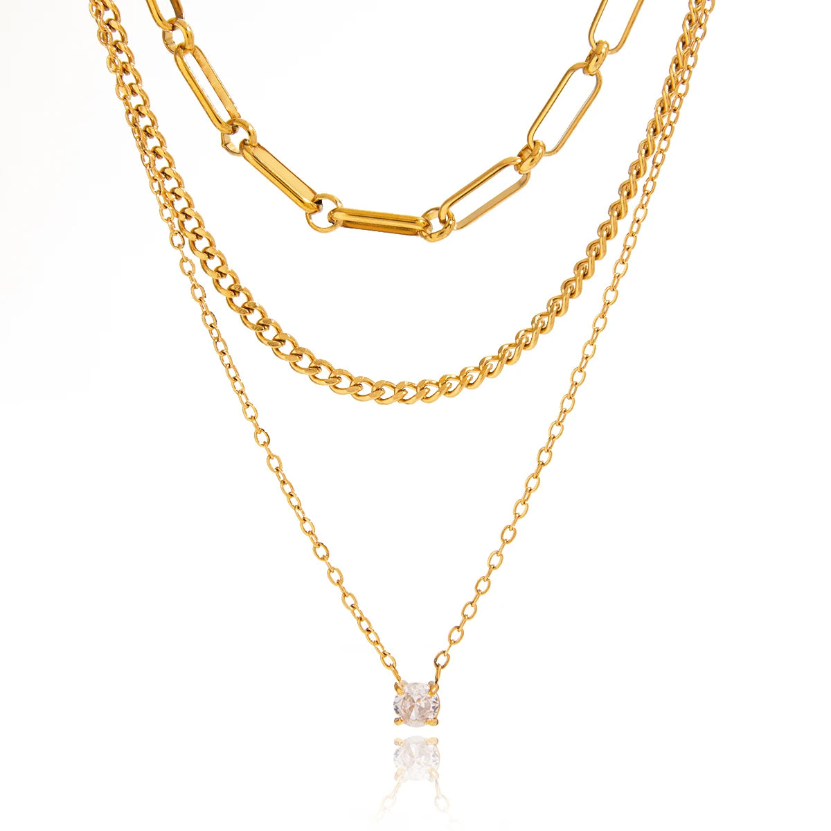 Three Layers Cuban Paper Clip O Shape Chain CZ Cubic Zircon Necklace