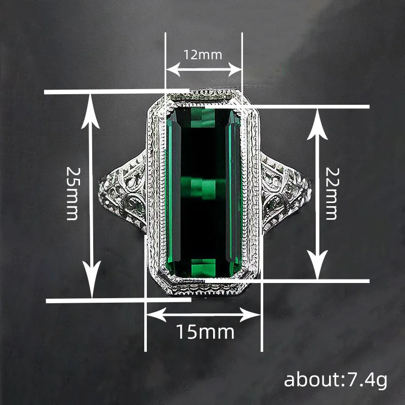 Rectangle Shaped Princess Cut Green Crystal Pattern Hollow Zircon Rings for Women