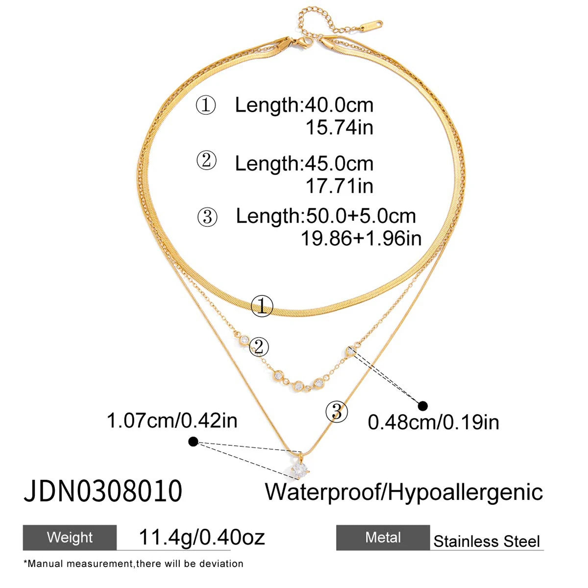 Gold Plating Three Layers Round Flat Snake Chain Necklace