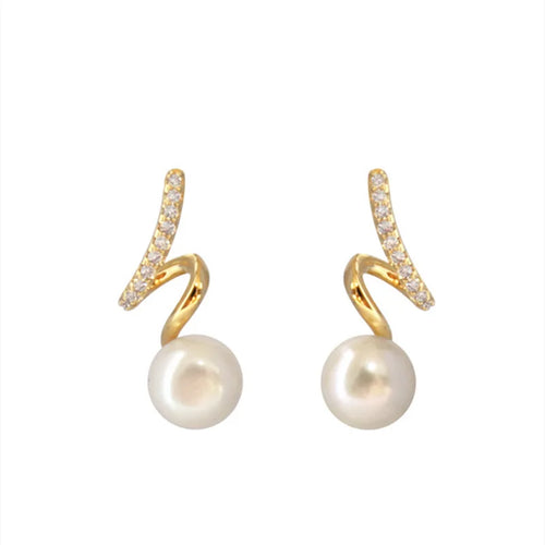 Load image 1 in gallery view. Pearl Earrings Minimalist Cute Earrings, Rhinestone Twisted, Gold Plated