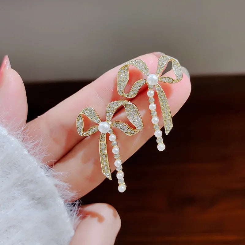 Bow Pearl Drop Earrings | Gold Rhinestone Bowknot Studs