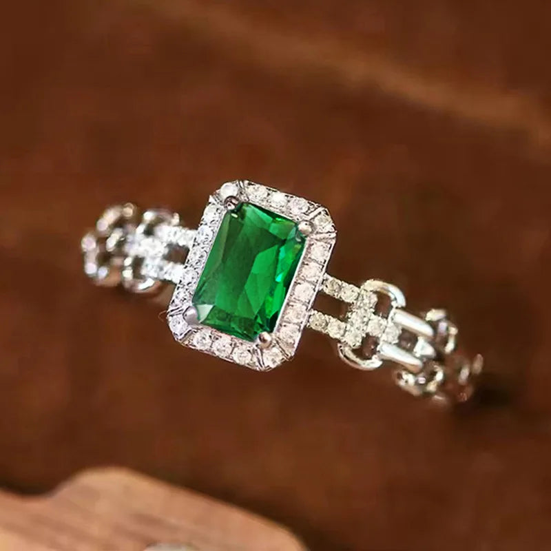 Silver Plated Zircon Green Crystal Rings for Engagement Wedding for Women